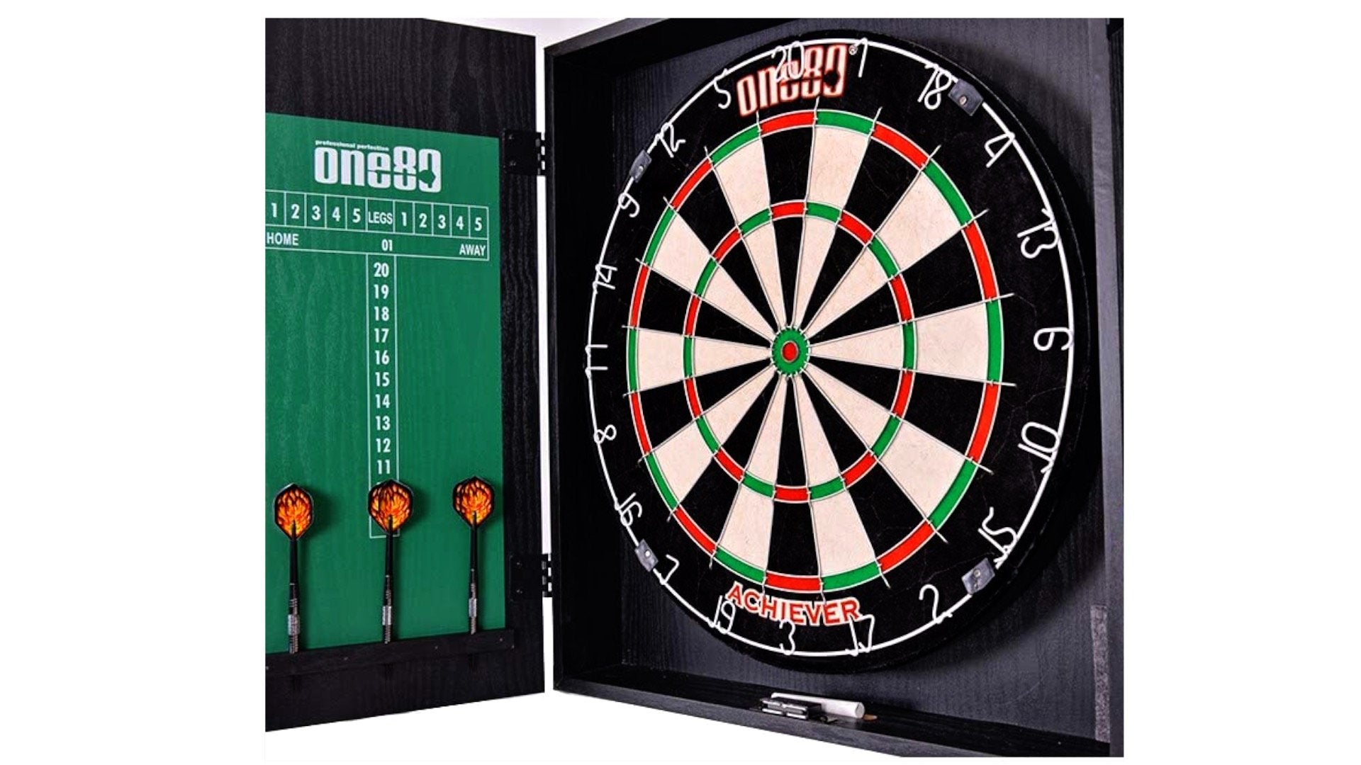 ONE80 Ultimate Dartboard Gift Pack - 18 Premium Darts, Bristle Dartboard, Cabinet & Accessories