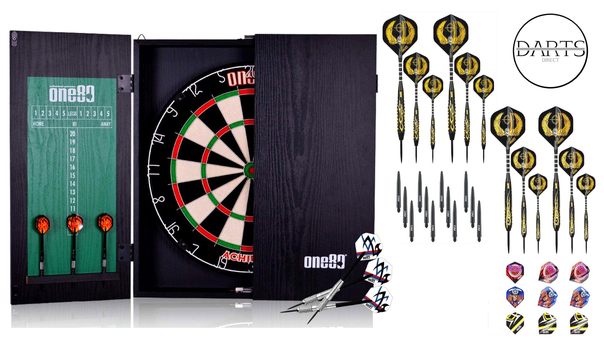 ONE80 Ultimate Dartboard Gift Pack - 18 Darts, Pro Achiever Dartboard, Cabinet & Accessories - Darts Direct